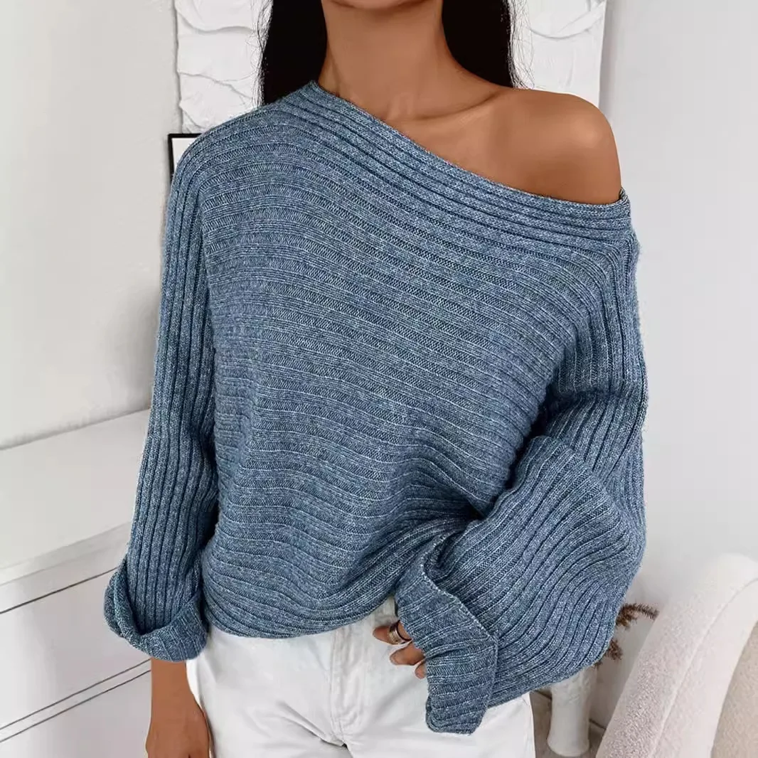 

Women's Blue Ribbed Knit Sweater Boat Neck Off Shoulder Pullover Slouchy Casual Top Fall Winter Lazy Style Fashion
