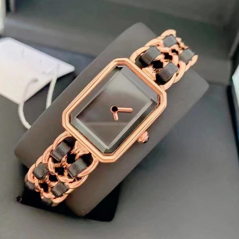 

2026 Minimalist Ladies Square Quartz Watches Casual Oversized Boyfriend Style Dual Braided Leather Strap Polished Metal Chain