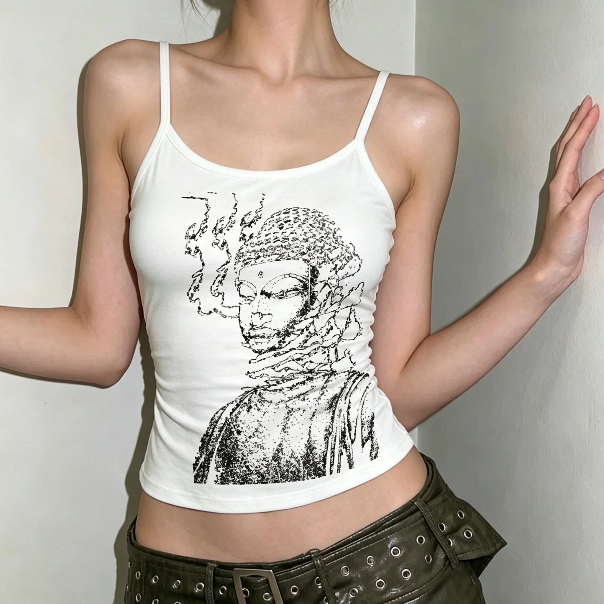 Y2K Vintage Buddha Print White Spaghetti Strap Tank Top Gothic Streetwear Slim Fit Vest Women Aesthetic Sleeveless Clubwear Punk
