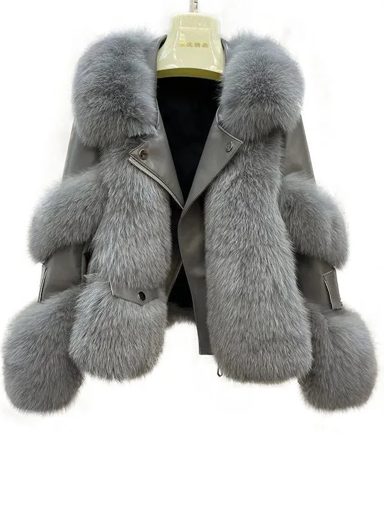 LANMREM Fashion Faux Fox Fur Grass Coat For Women Lapel Zipper Design Contrast Color Coats 2024 Winter New Clothing 2Z2299