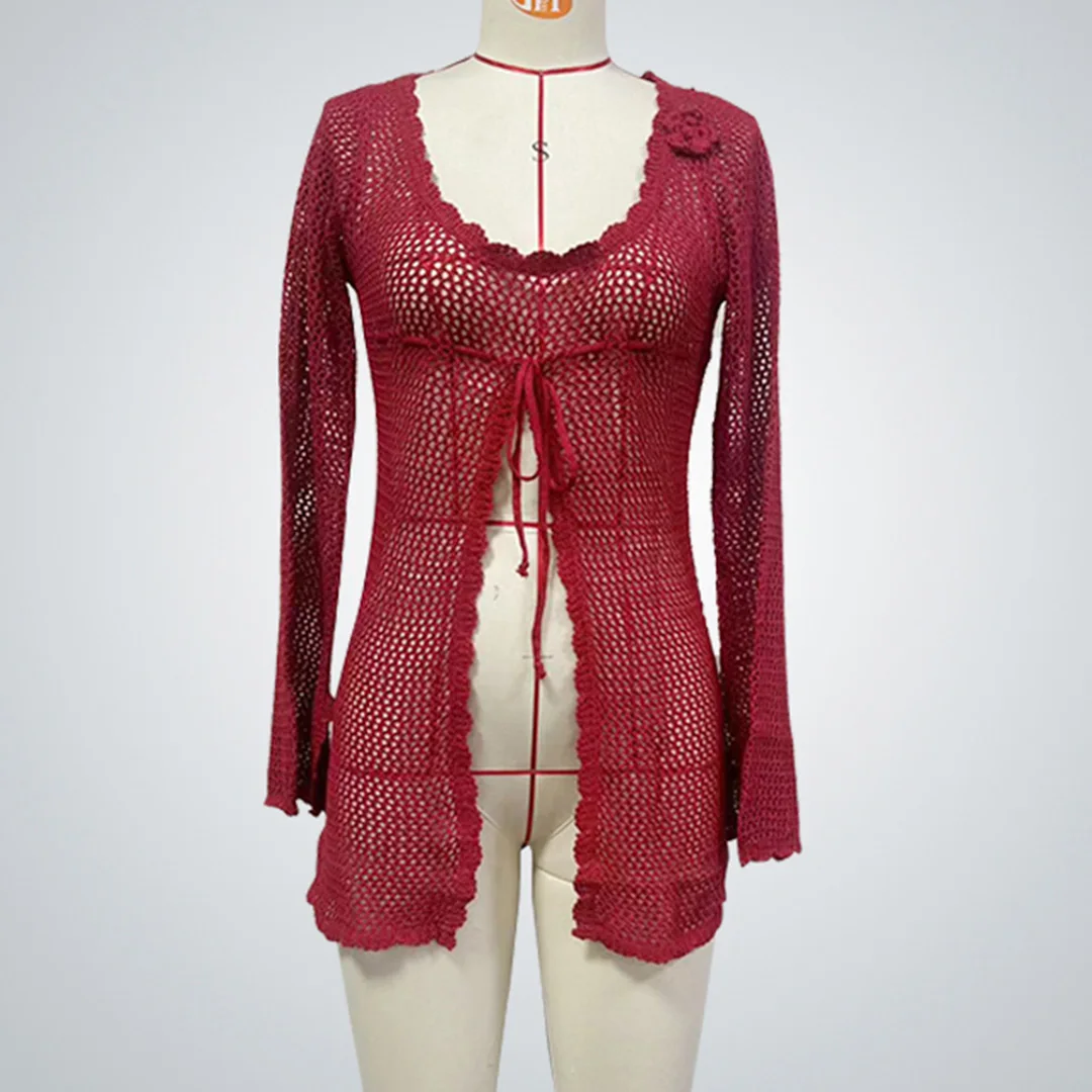 Sexy Langarm-Tunika mit Aushöhlungen, gehäkelt, gestrickt, Strand-Cover-up, Strandkleid, Strandmode, Damen, V5525 – Detail 10