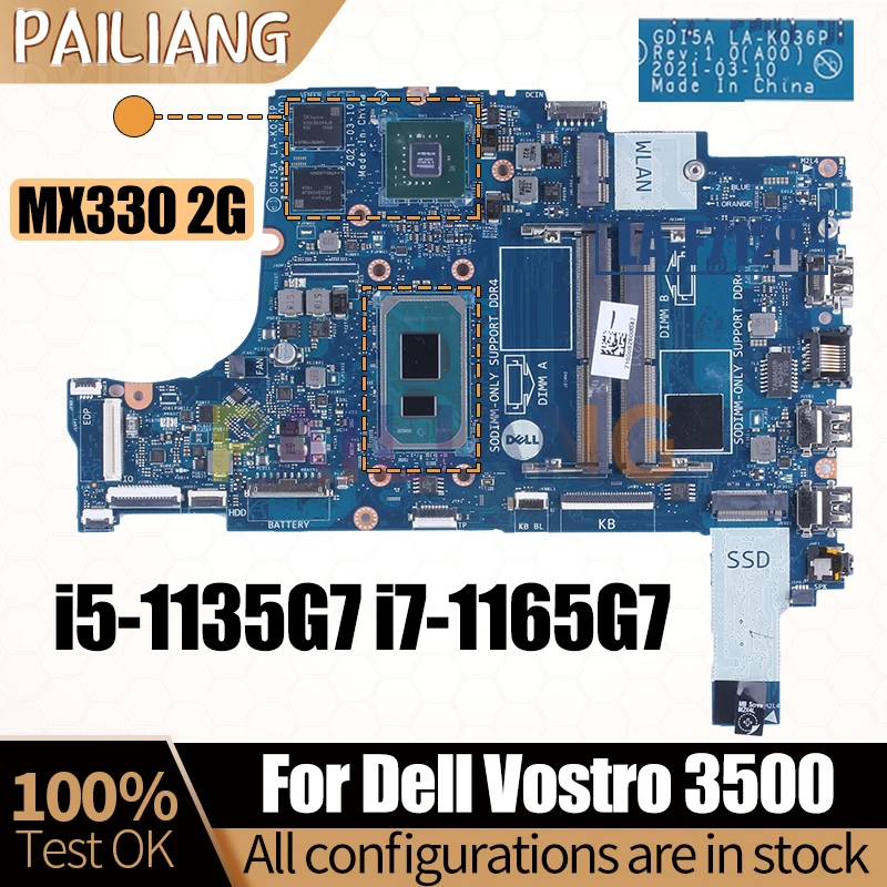 For Dell Vostro 3500 Notebook Mainboard Laptop LA-K036P 0PCVD6 09YKK0 085VYF i5-1135G7 i7-1165G7 MX330 Motherboard Full Tested