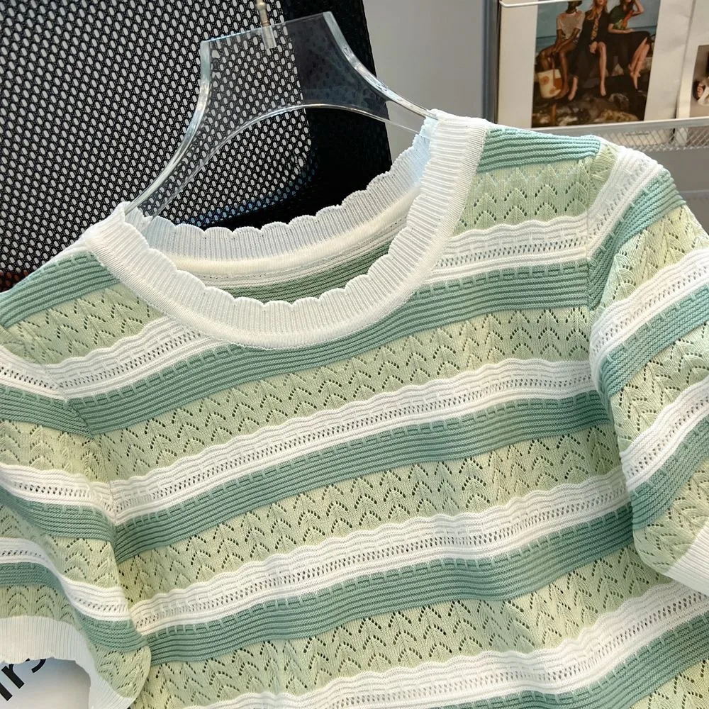 Women Summer Sweater 2025 New Color Block Crew Neck Knitted Top Casual Short Sleeve Elegant Striped Korean Fashion Clothing