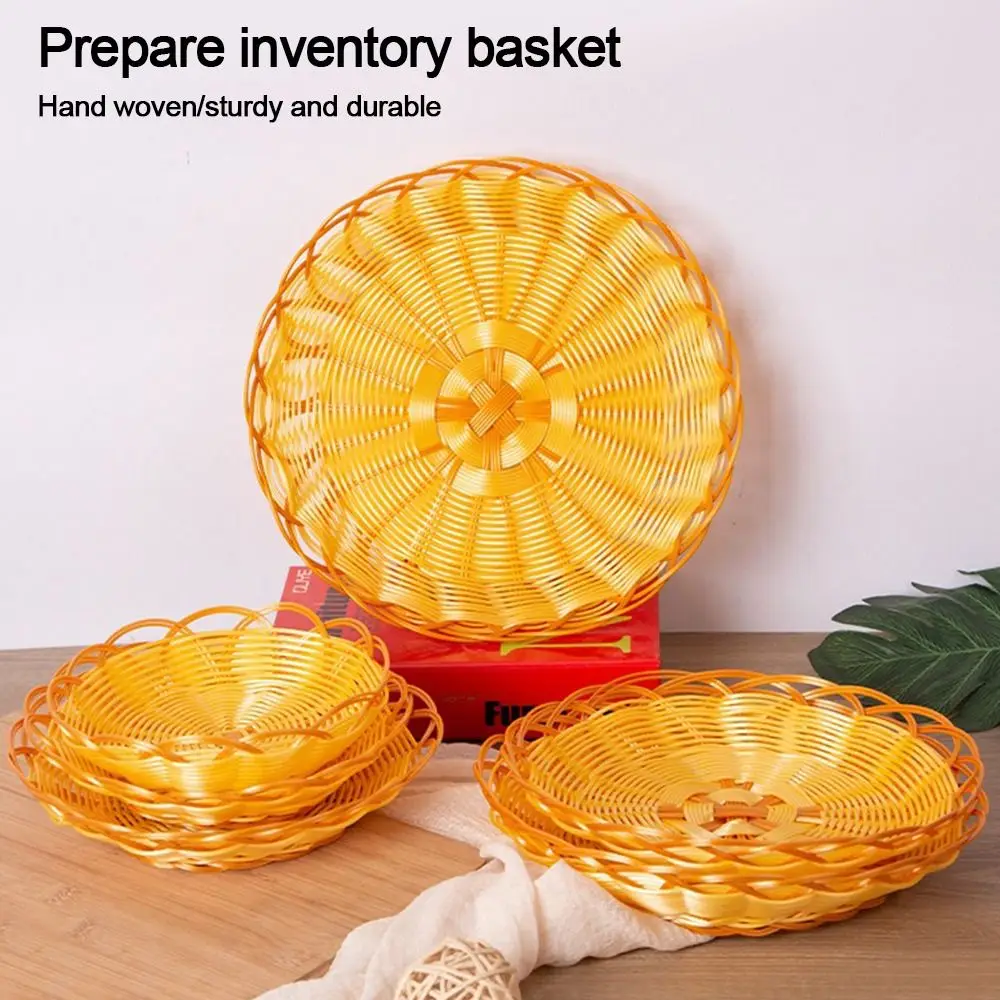 New Plastic Imitation Rattan Basket Round Woven Food Plate Fruit Basket Breakfast Cake Snack