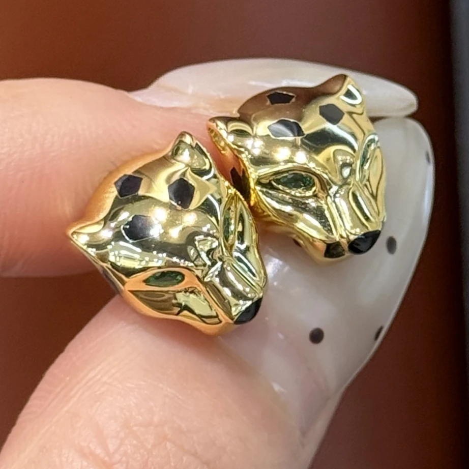 KQDANCE Pendientes de Plata 925 con Esmalte Negro, Diamante de Carbono Corte Pera Verde Esmeralda y Cabeza de Leopardo, Chapado en Oro de 18K, Joyería de Lujo