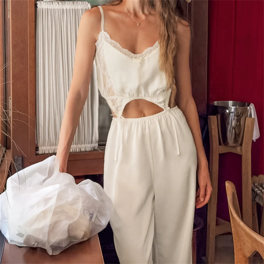NEW Apricot Fashion Satin Reflective Woven Ladies Pajamas Set Two-Piece Sleeveless Lace Camisole Elastic Waist Full Length Pants 4