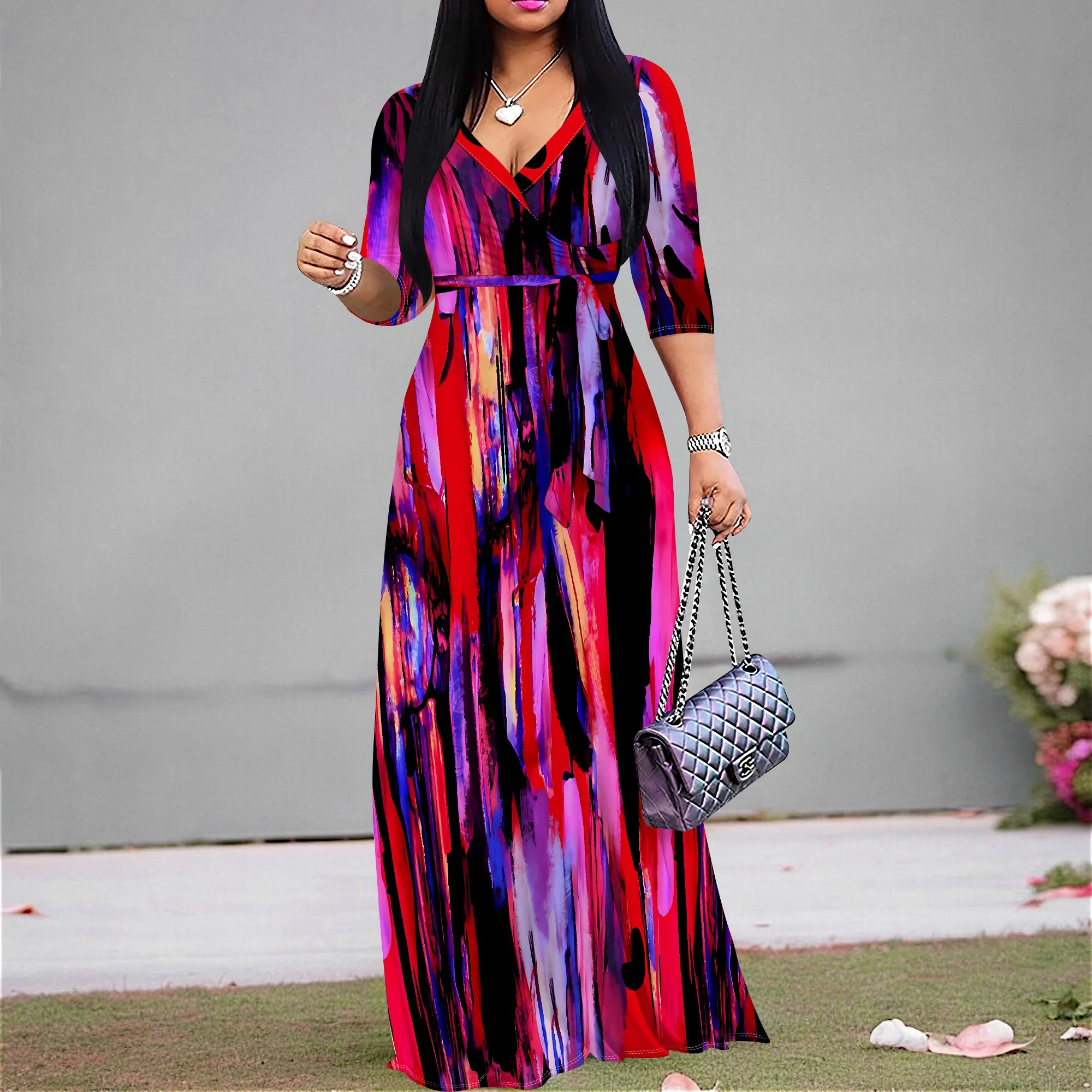 

Women's 3/4 Sleeve V Neck Women With Pocket and Bel Long Dress Fashion Printed Split Hem Club Party Casual Vacation Maxi Dress