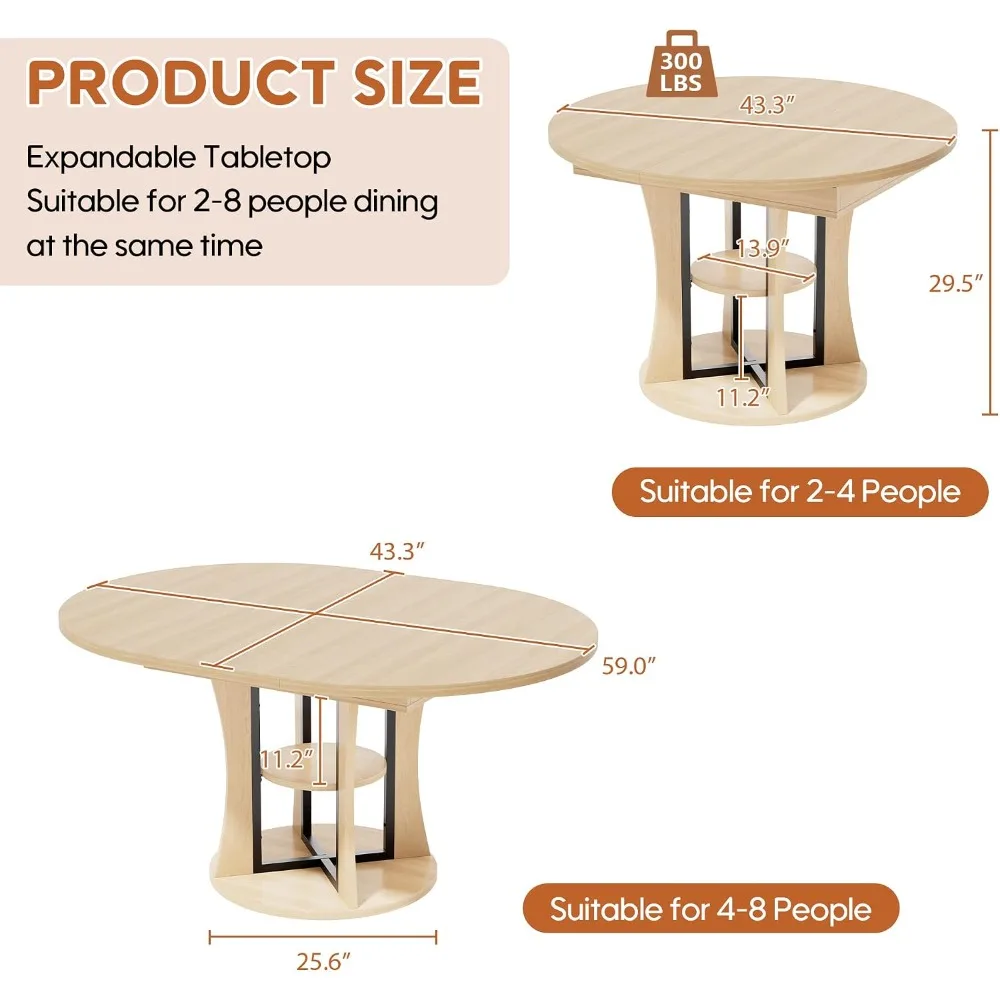Extendable Round Dining Table for 4-8, Expandable Kitchen Table with Storage Shelf, Space Saving