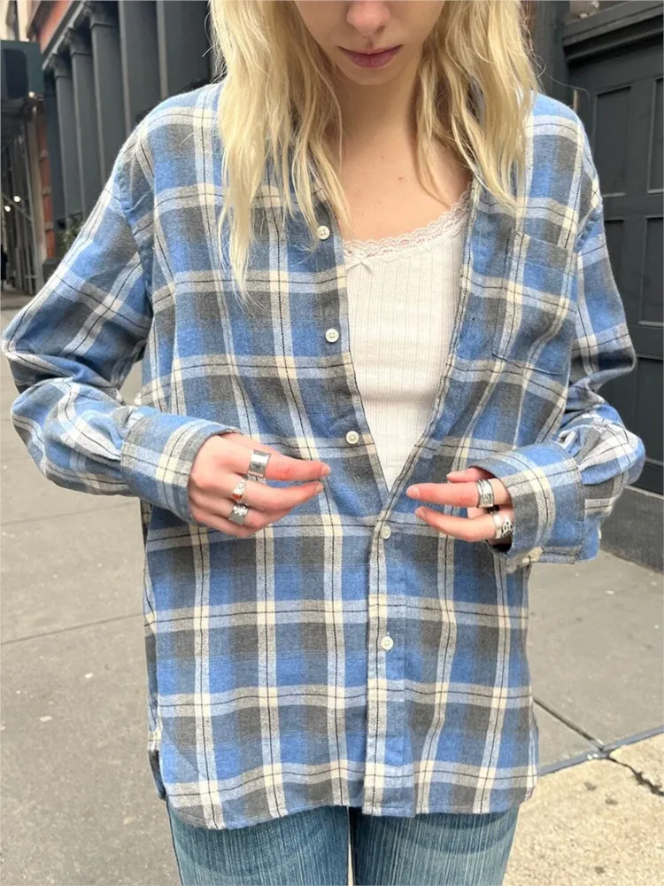 

Vintage Blue Plaid Long Sleeve Tee Women New Turn Down Collar Casual Single Breasted Cotton Blouse Tops Streetwear T-Shirts Y2K
