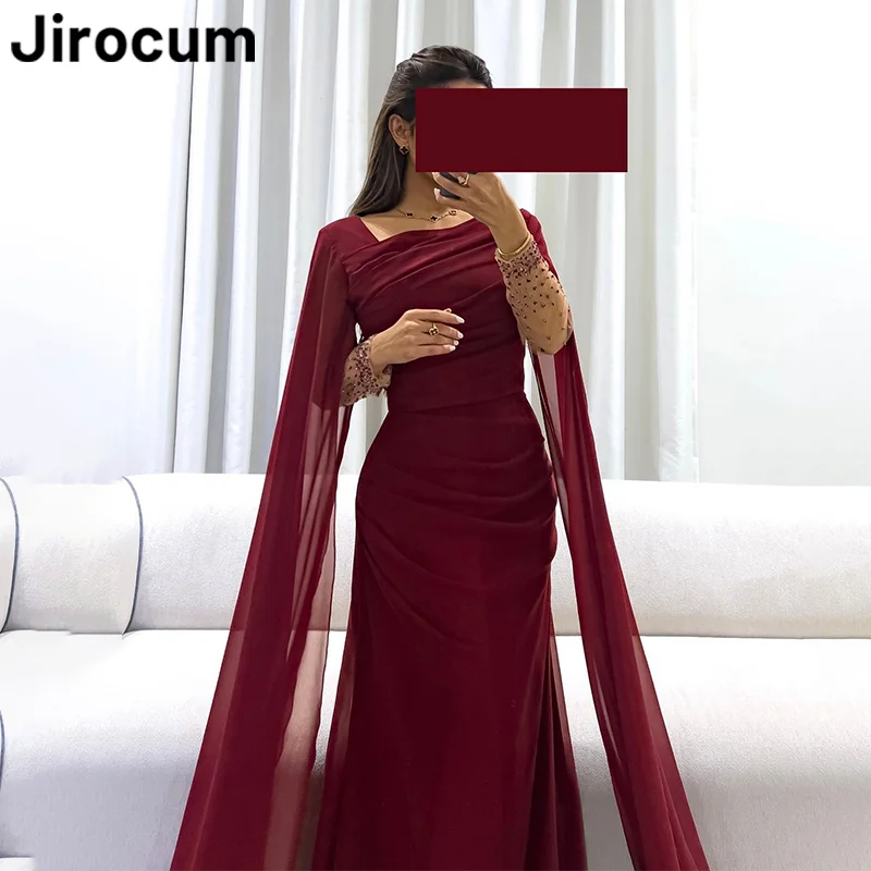 

Jirocum Burgundy Mermaid Prom Dress Women's Long Sleeve Beaded Chiffon Party Evening Gown Ankle Length Special Occasion Dresses