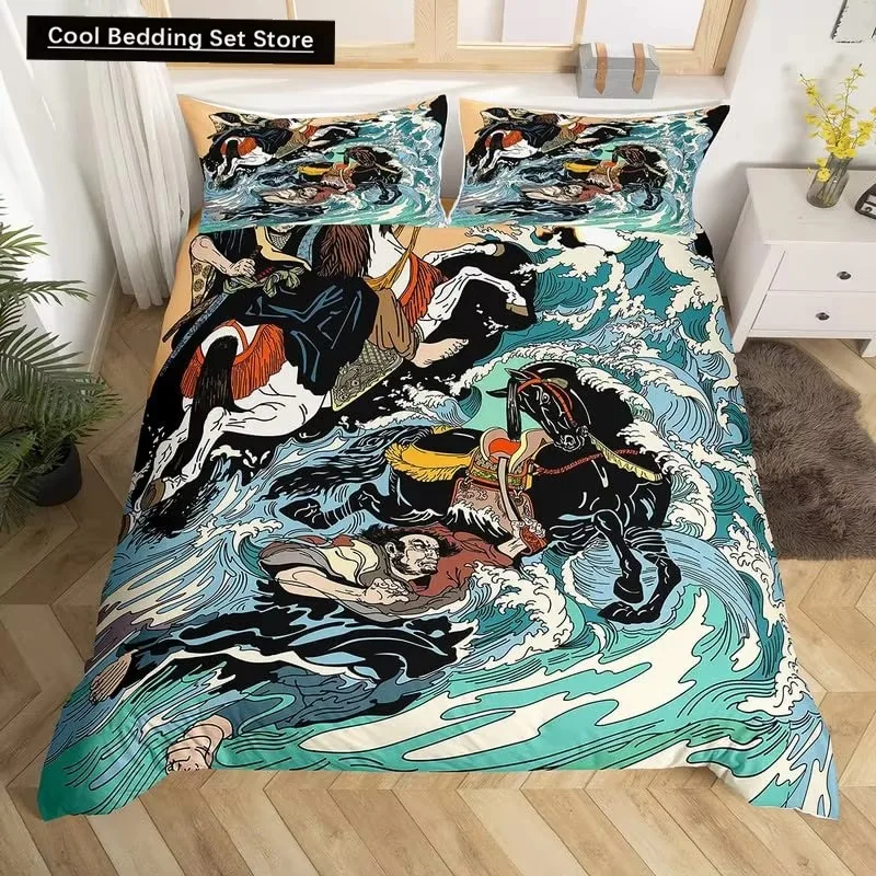 Japanese Ukiyo-e King Queen Duvet Cover Golden Fish Hokusai Bedding Set Crane Wave Quilt Cover Red Sun Polyester Comforter Cover