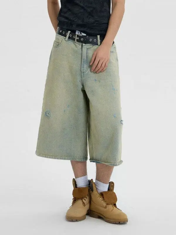 Men's Summer Holes Design Shorts Vintage Wide Leg Cropped Pants Cool Boy Casual Bottom Male High Waist Half Trousers