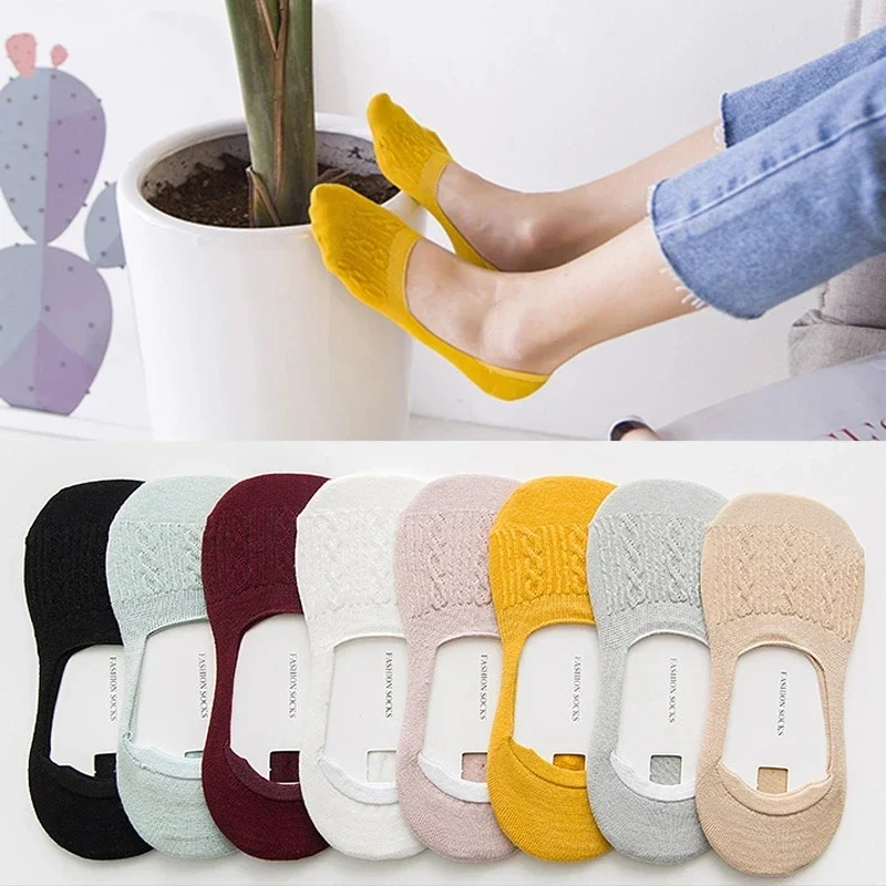 5 Pairs Women Cotton Low Cut Socks Solid Snowflake Softable Summer Silicone Non-slip Deep Mouth Prevent Heel Loss Slipper Socks