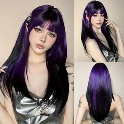 Emmor Synthetic Ombre Purple to Black Wig With Bangs Hair Wigs Cosplay Naturalne żaroodporne peruki dla kobiet Codzienna peruka do włosów