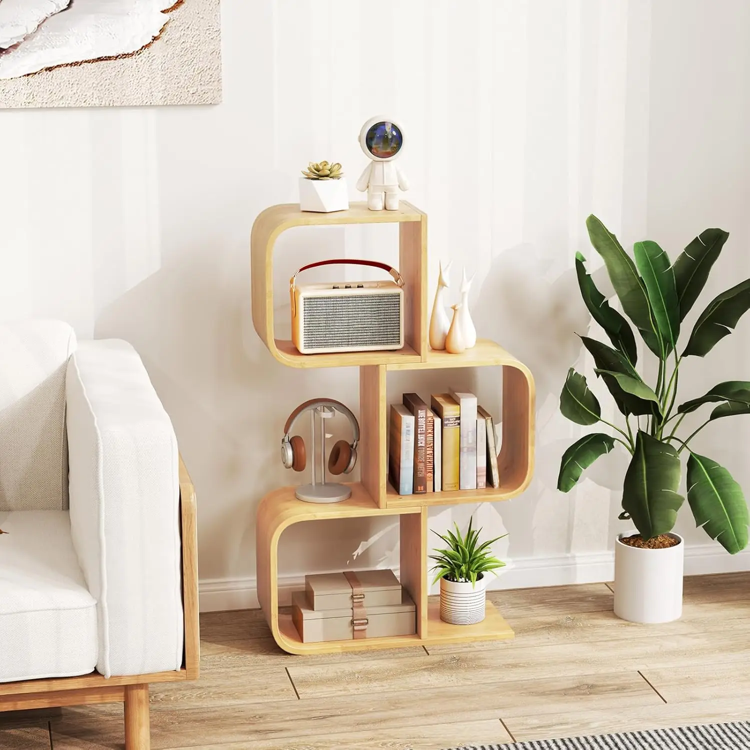 Bamboo S-Shaped 3-Tier Bookshelf With Open Cubes, Geometric Corner Display Shelf For Living Room & Office, Natural, Customized