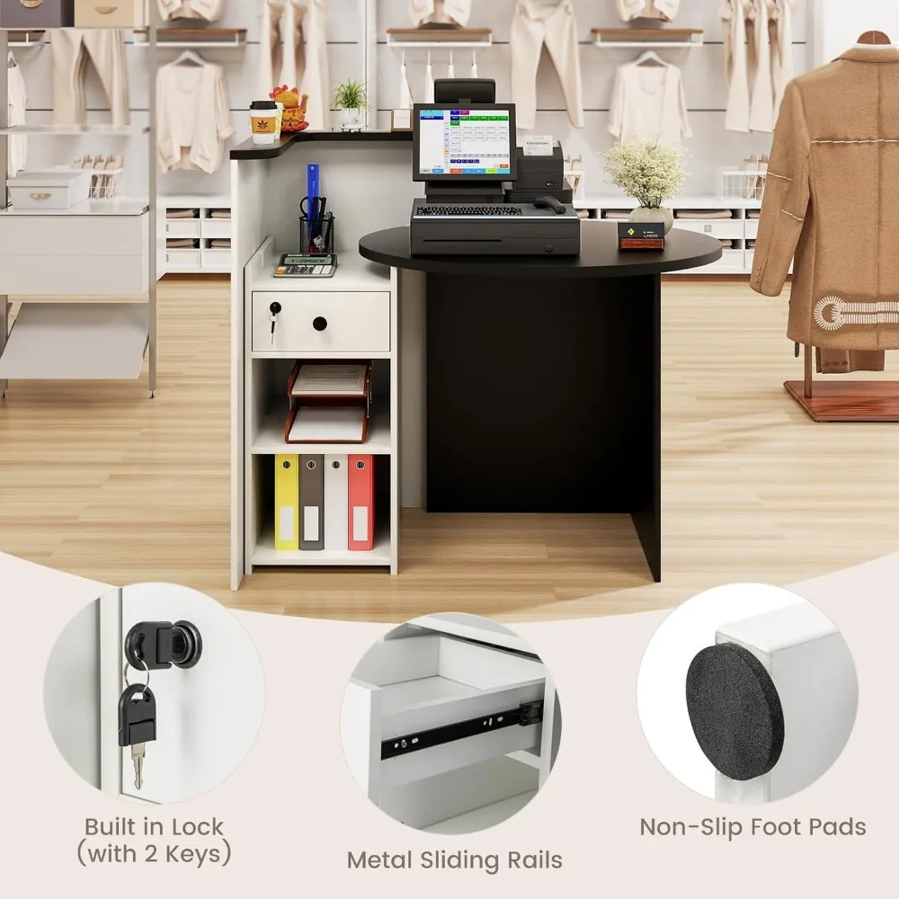 Reception Desk, Small Retail Checkout Counter with Lockable Drawer and Open Shelves, Wooden Computer Workstation for Home Office