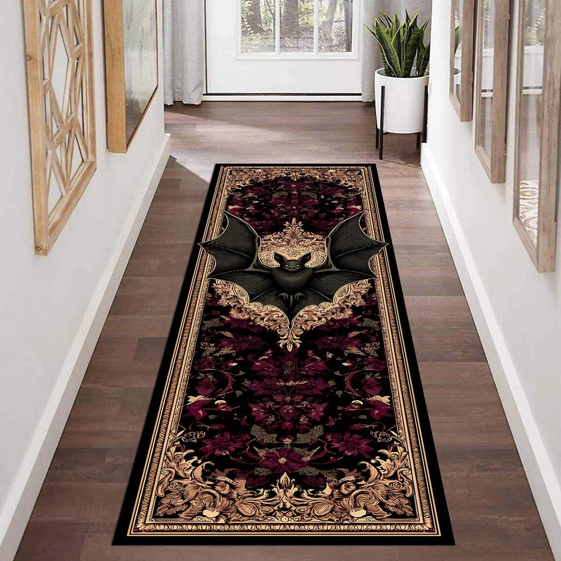 Moderner Gothic-Läufer-Teppich mit Fledermausmuster, rutschfeste Eingangsmatte für den Flur, dunkle florale Küchenbodenmatte, Bettvorleger, Kunstteppich