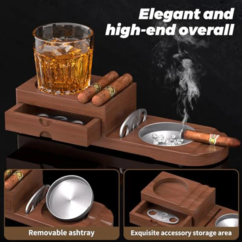 

Solid Wood Cigar Ashtray with Cutter & Drawer Whiskey Glass Holder Multifunctional Tobacco Accessory for Home Bar