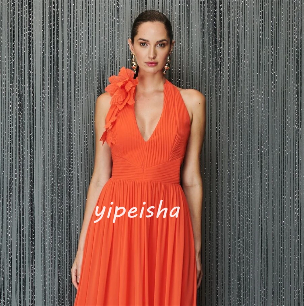 Customized Jersey Flower Ruched Evening A-line V-neck Bespoke Occasion Gown Midi Dresses