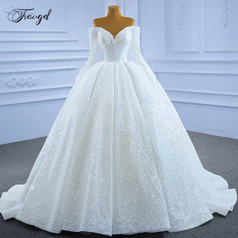 Traugel Ballkleid Luxus Brautkleider Schatz von der Schulter vestido de novia Perlen Langarm Robe de mariee