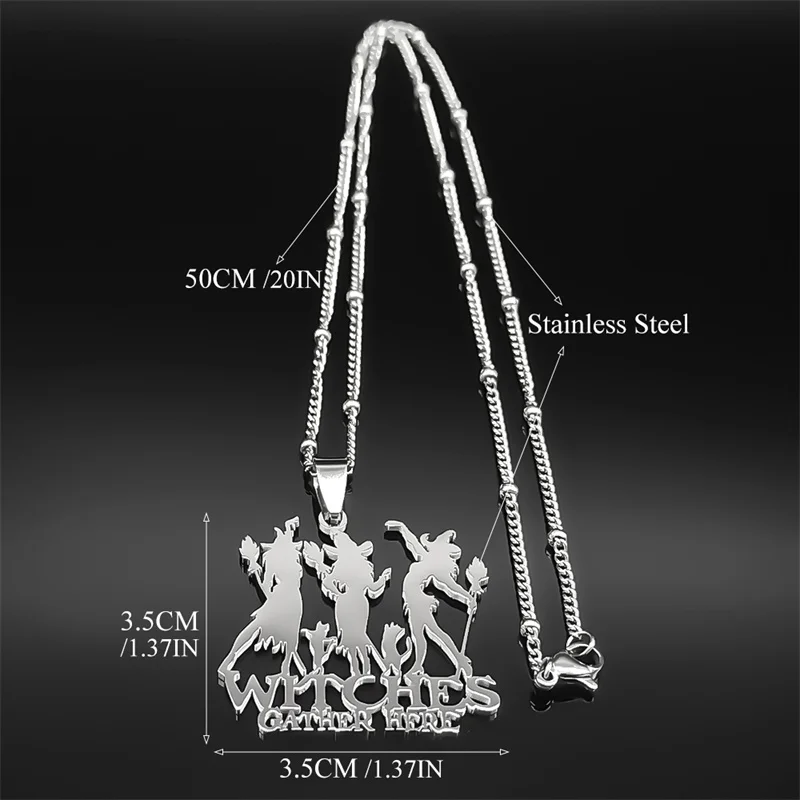 Gothic Witches Gather Here Necklace Women Men Stainless Steel Silver Color Witchcraft Halloween Cat Chain Jewelry collar
