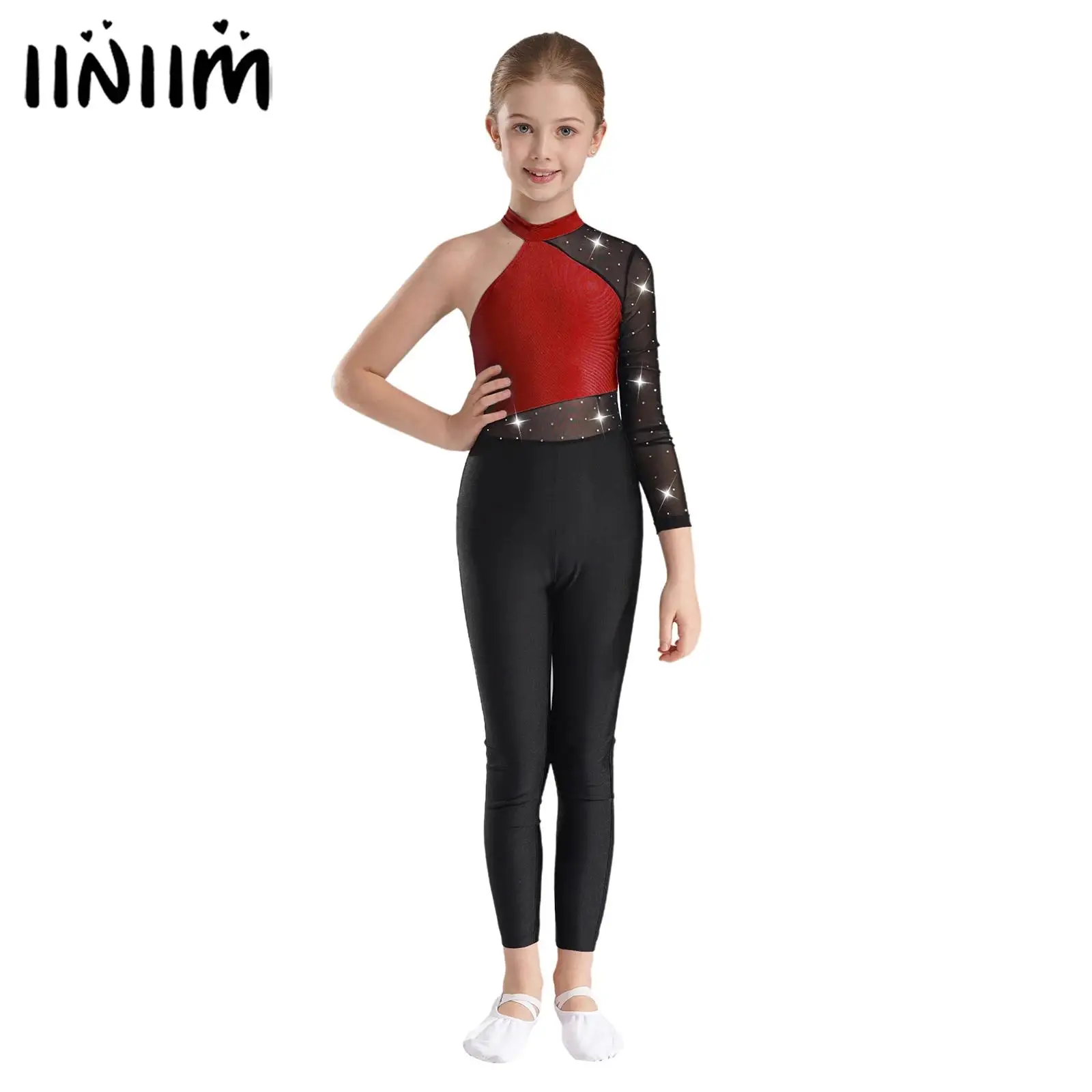 Girls Gymnastics Figure Skating Unitards Jumpsuit Glittery Rhinestones Sheer Mesh Bodysuit Ballet Dance Performance Costume