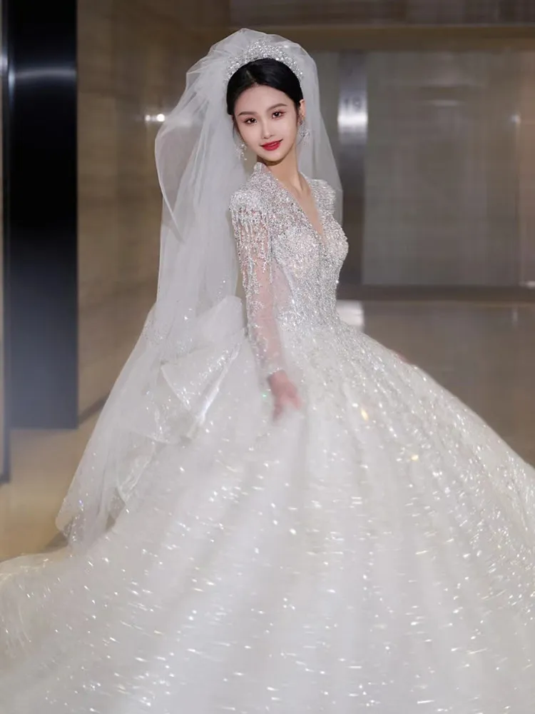 Wedding Bridal 2026 New Heavy-Duty Long-Sleeved Main Yarn Retro Large Size Pregnant Women High-End Large Tail Light