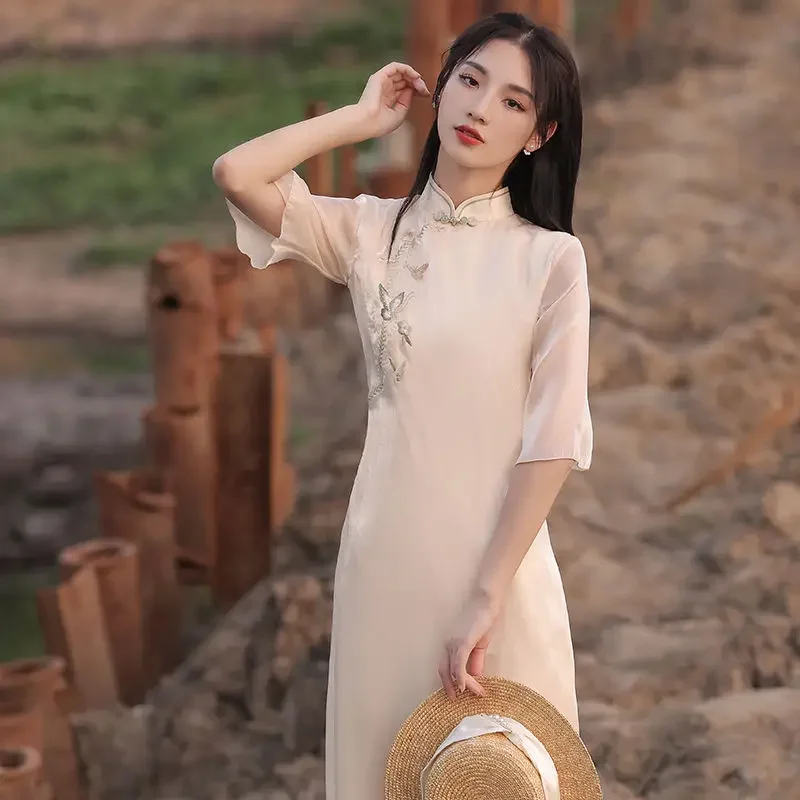 

Summer Cheongsam Chinese Traditional Dress Women Fashion Modern Trumpet Sleeve Vintage Dresses Women Long Beige Qipao