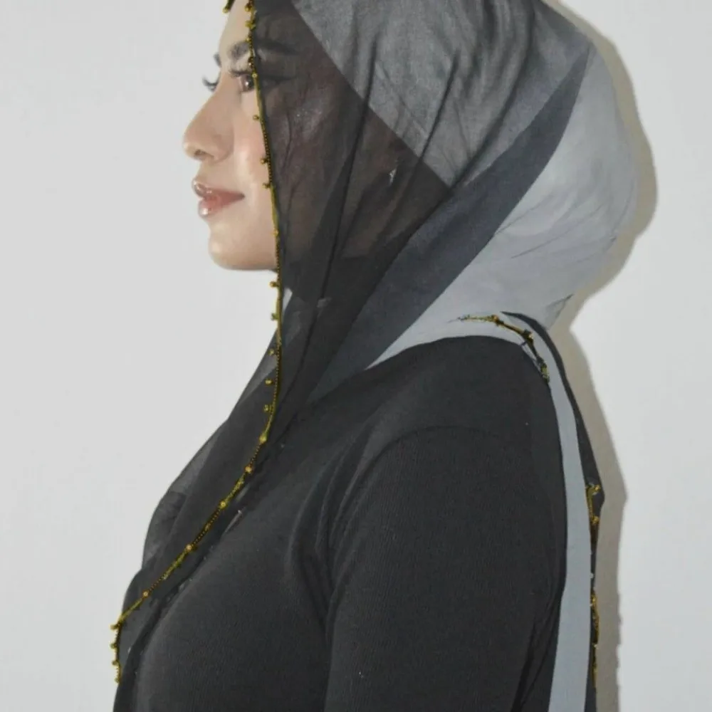 

Luxury Gradient Double Colors Ethnic Style Scarf Beads Chain Long Islamic Turban Bandana Thin Headscarf Wedding