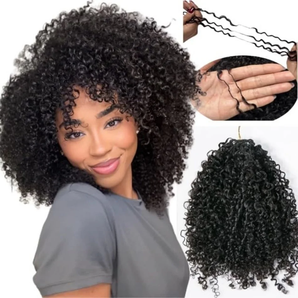 Kinky Curly Knotless Crochet Human Hair for Miracle Knots Boho Braid Ready Time-Saving Pre Separated Strands Natural Black Feather Extension 10-30 Inch 65g/Pack