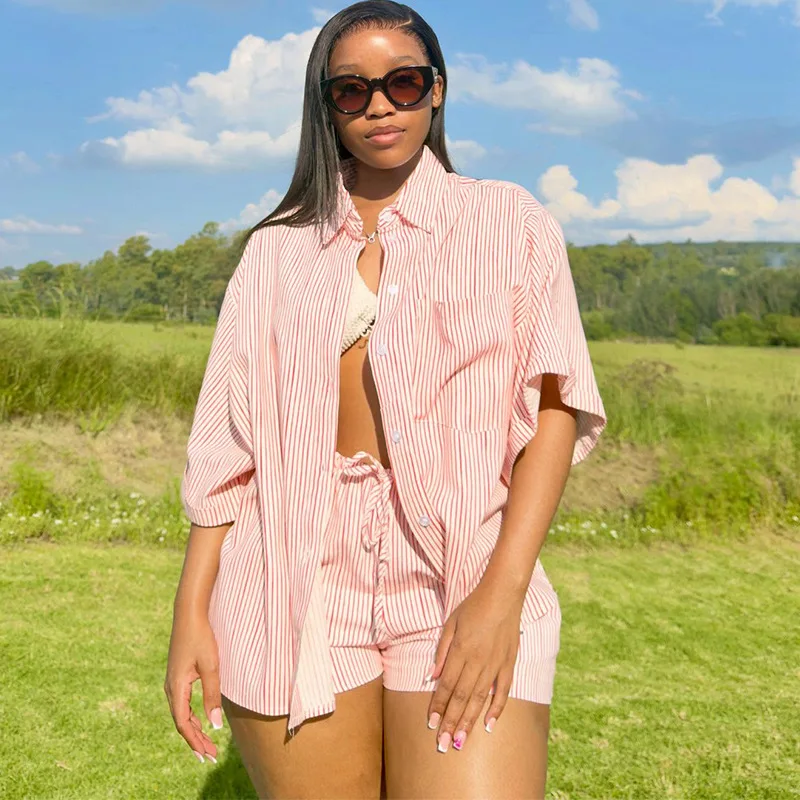 

2026 Spring New Women Casual Stripe Short Sleeve Shirt Top Shorts Fashion Set Slim Fit Breathable Lightweight