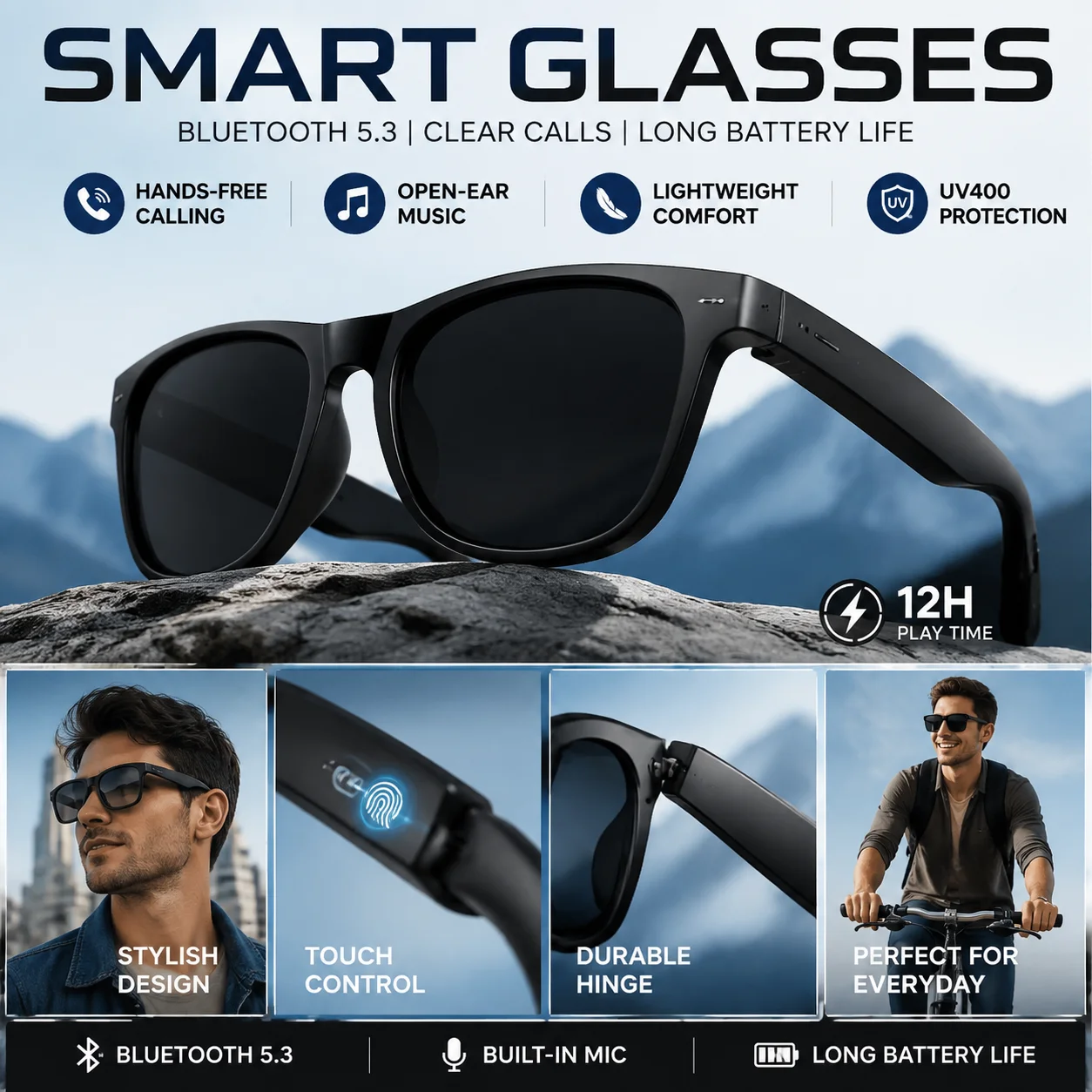Bluetooth Call Smart Glasses Wireless Audio Sunglasses Open Ear Headphone Music Sports Wearable Eyewear for men women AIMB-G1Max