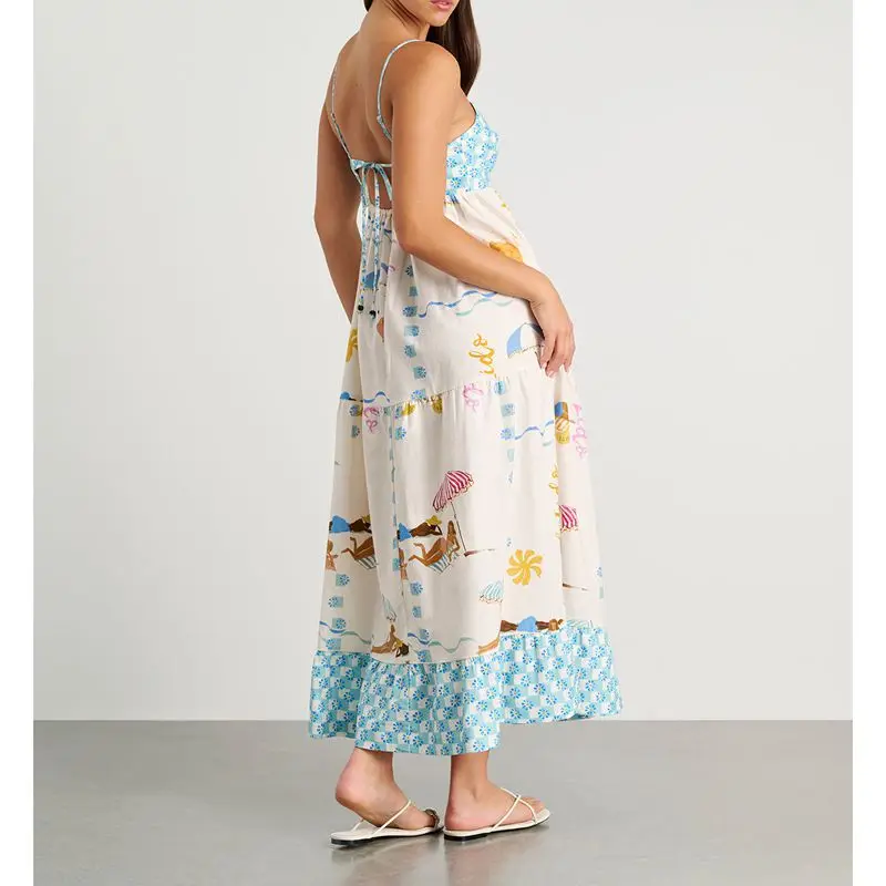 Combhasaki ผู้หญิงฤดูร้อนแขนกุดปรับสายรัด Backless Cutout สแควร์คอความงามพิมพ์ดอกไม้ Flowy A-Line ชุดยาว