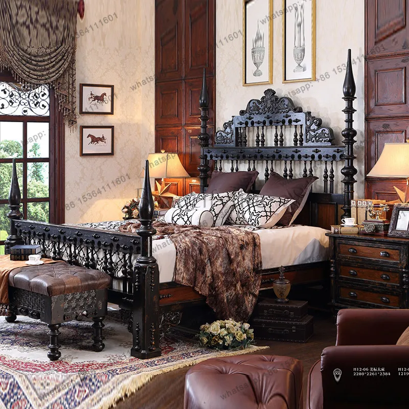 

American retro old double king bed European all solid wood master bedroom household 1.8 meters bed
