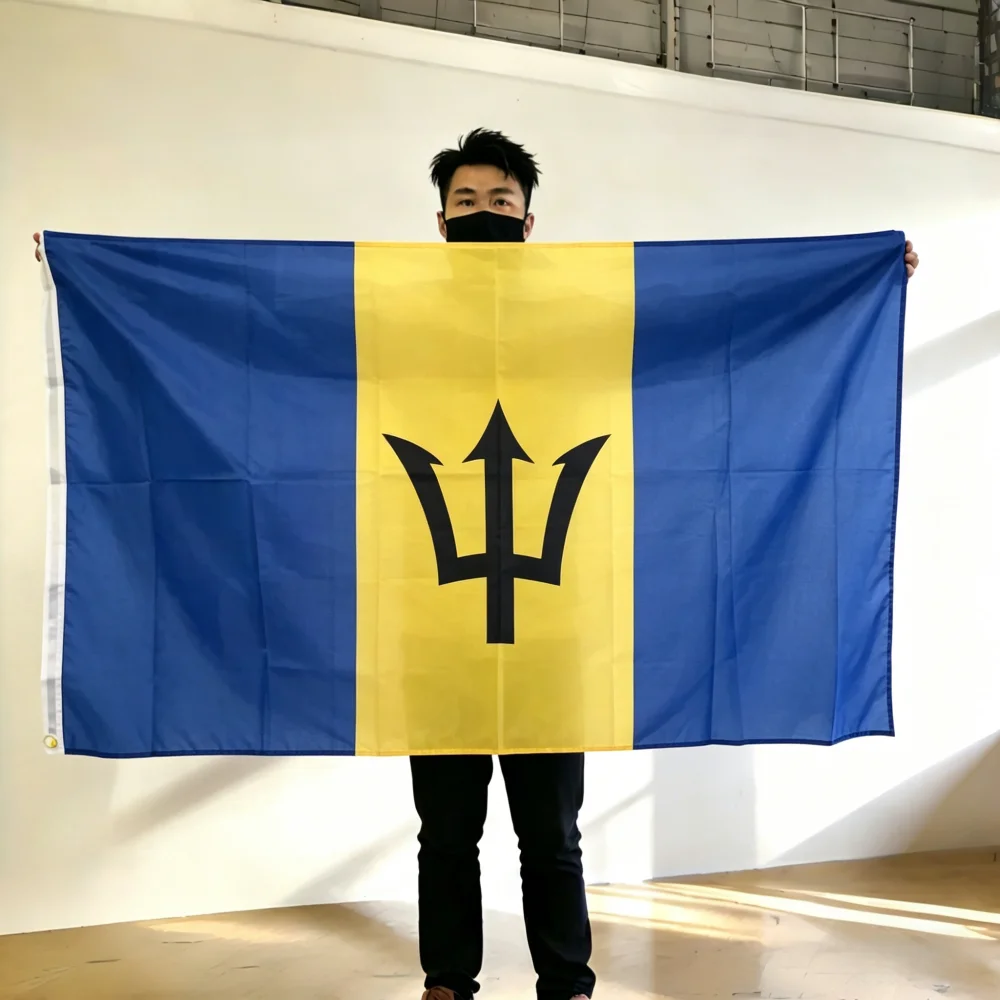 FlagGo Barbados Flag 150x90cm 3x5 FT Ultramarine Gold Stripes Broken Trident Polyester Double Stitched Outdoor Indoor Decor