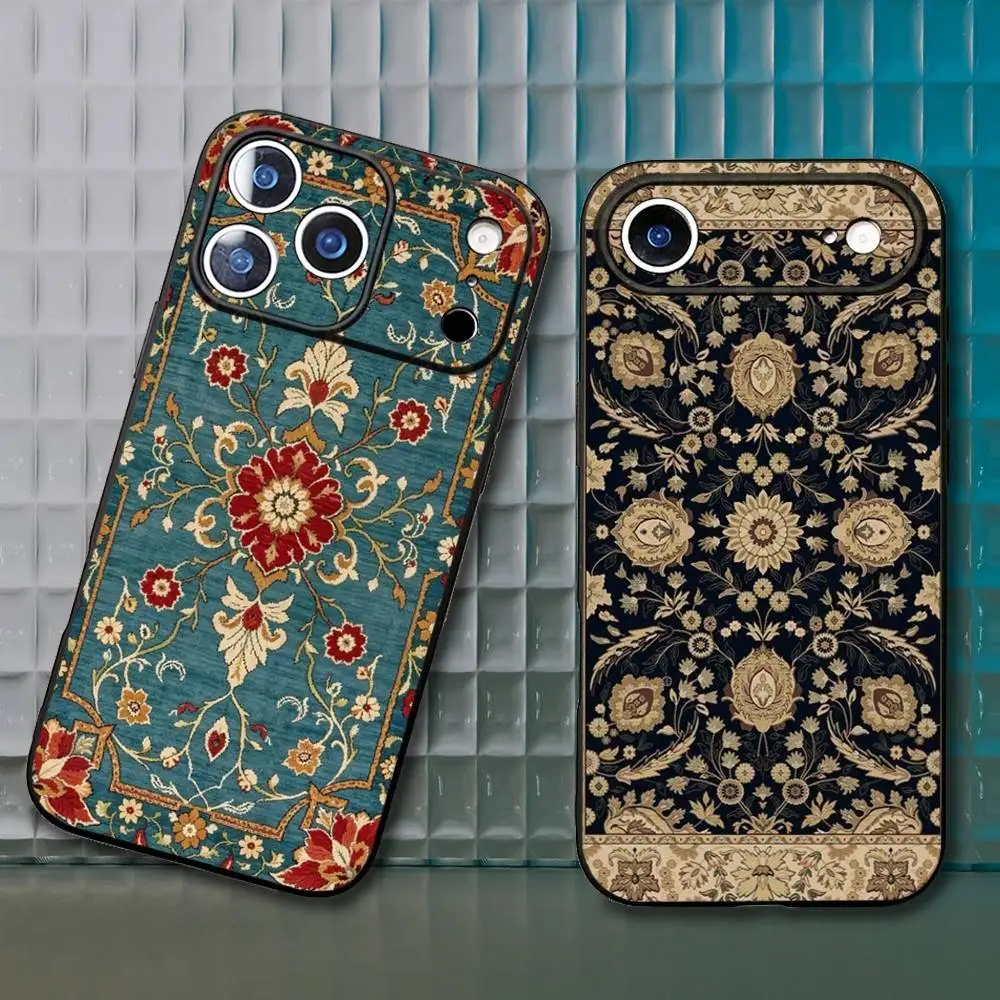 

Persian Carpet Floral Pattern Phone Case For iPhone17,16,15,14,13,12,11 Plus,Pro Max Soft Black Cover