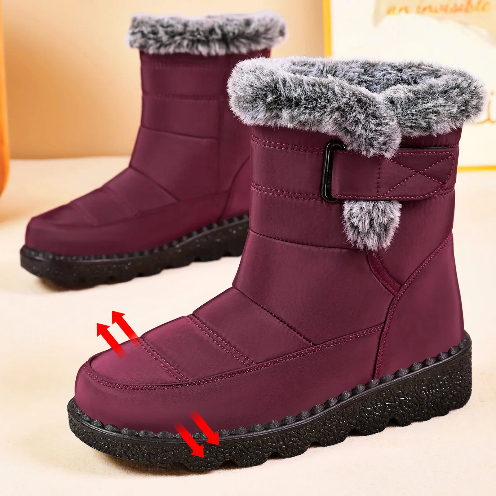 Damen-Schneestiefel bis zur Mitte der Wade, warm, mit Plüschfleece gefüttert, mit Klettverschluss, Pompon-Dekor, rutschfeste dicke Sohle, Winter-Freizeitschuhe für kaltes Wetter. – Detail 2