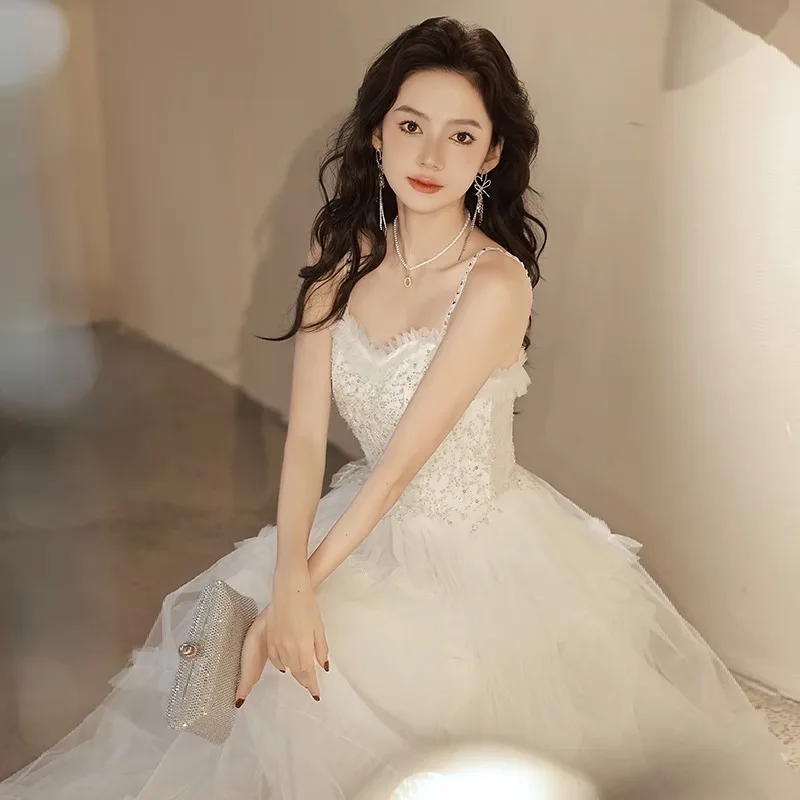 

White Suspender Formal Evening Dress Spaghetti Strap Sequin Long Ball Gowns Girl Birthday Party Princess Dress