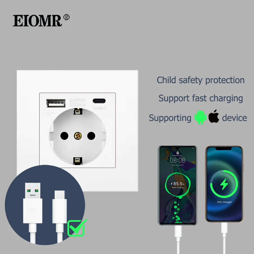 EIOMR EU Wall Power Socket with Type C Charging Port 5V 2.1A 146mm,86mm Flame Retardant PC Panel 16A 220V EU Standard USB Socket