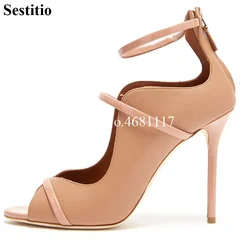Nude Double Straps Sandals Women Summer Ankle Strap Back Zipper Peep Toe Custom Party Shoes Office Lady Elegant Dress sandals