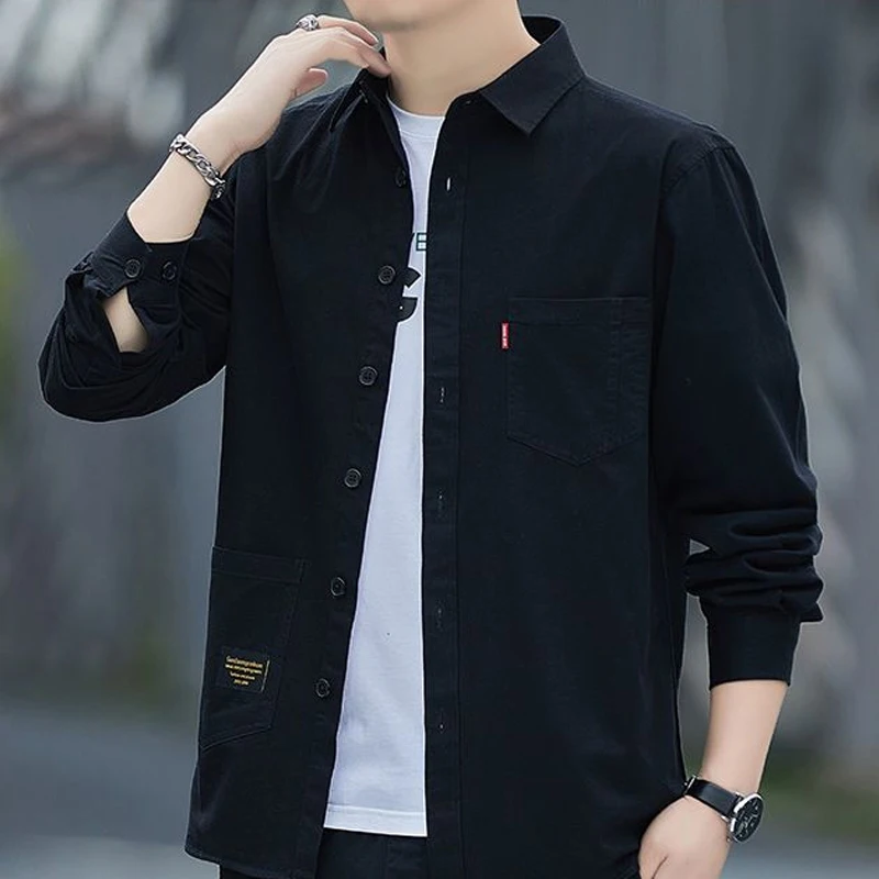 2023 Spring Korean Style Solid Color Loose Casual Male Shirt Long Sleeve All Match Fashion Blouse Man Chic Streetwear Clothes