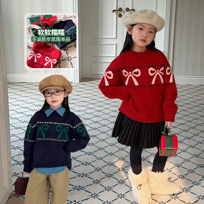 2025 New Autumn Fashion Children's Festive Atmosphere Knitted Sweaters for Girls Sweet and Versatile Bow Sweaters Boutique