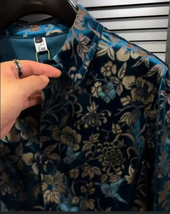 New Winter 2025 European and American men's wear collection Long-sleeved lapel Printed velvet shirt 6XL