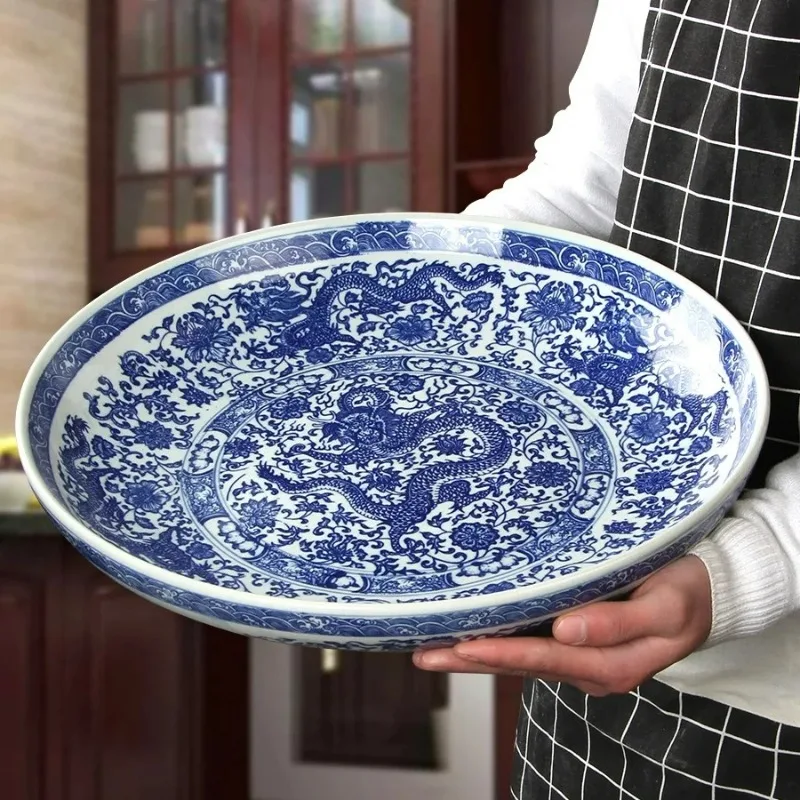 Plato Grande de Cerámica con Diseño de Dragón para Pollo Asado, Pescado con Pimienta, Espaguetis, Pavo Asado, Ganso Asado