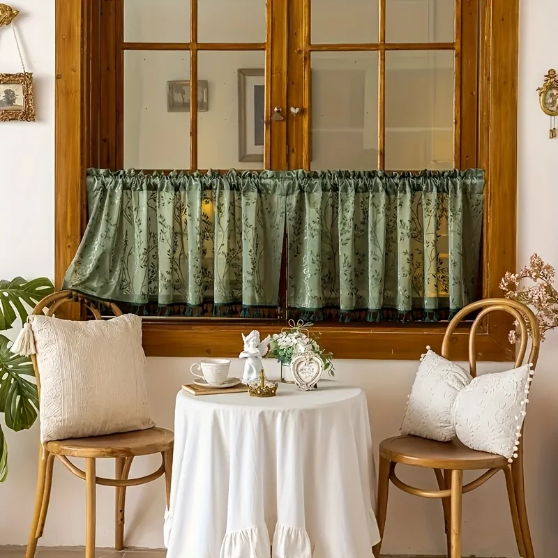 

1Pc New Green Short Sheer Curtain for Living Room and Bedroom Decoration, Personalized Decorative Rod-Pole Sheer Curtain