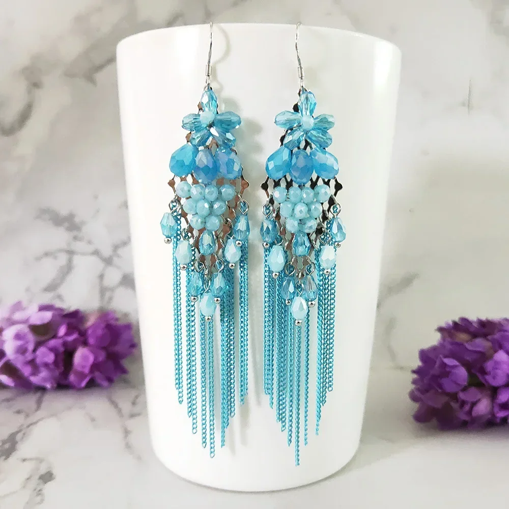 Luxury Flower Earring for Women Long Tassel Handwoven Colorful Beaded Earrings S925 Silver Needle Jewelry Gift