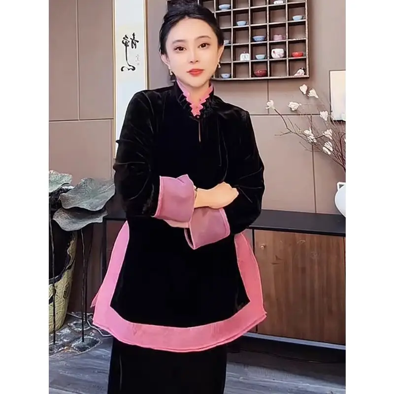 

Новый модный бархатный топ средней длины в китайском стиле, осенне-зимняя новая рубашка из двух частей для женщин