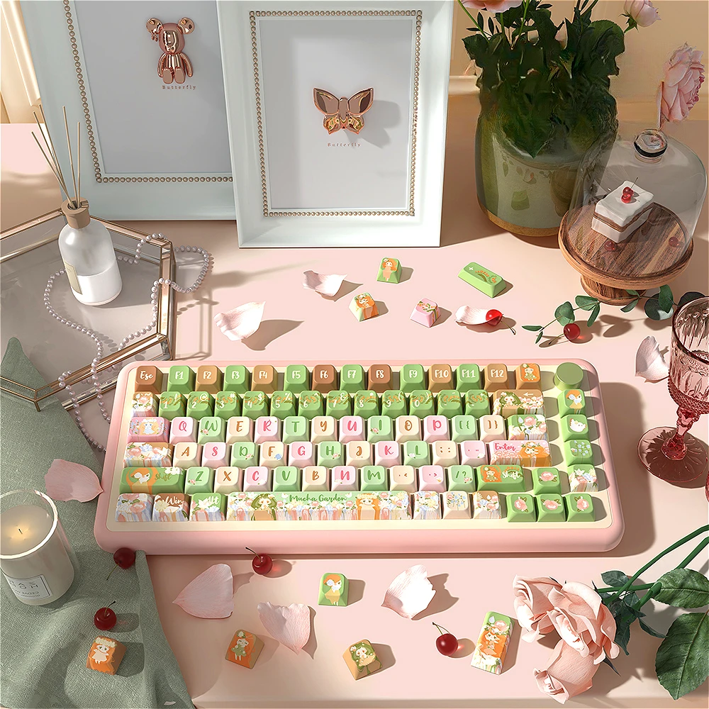 MUCHA GARDEN Pink Green Keycaps Thermal Sublimation Technology MDA Height Keycap Set for Mechanical Keyboards with MX Switches