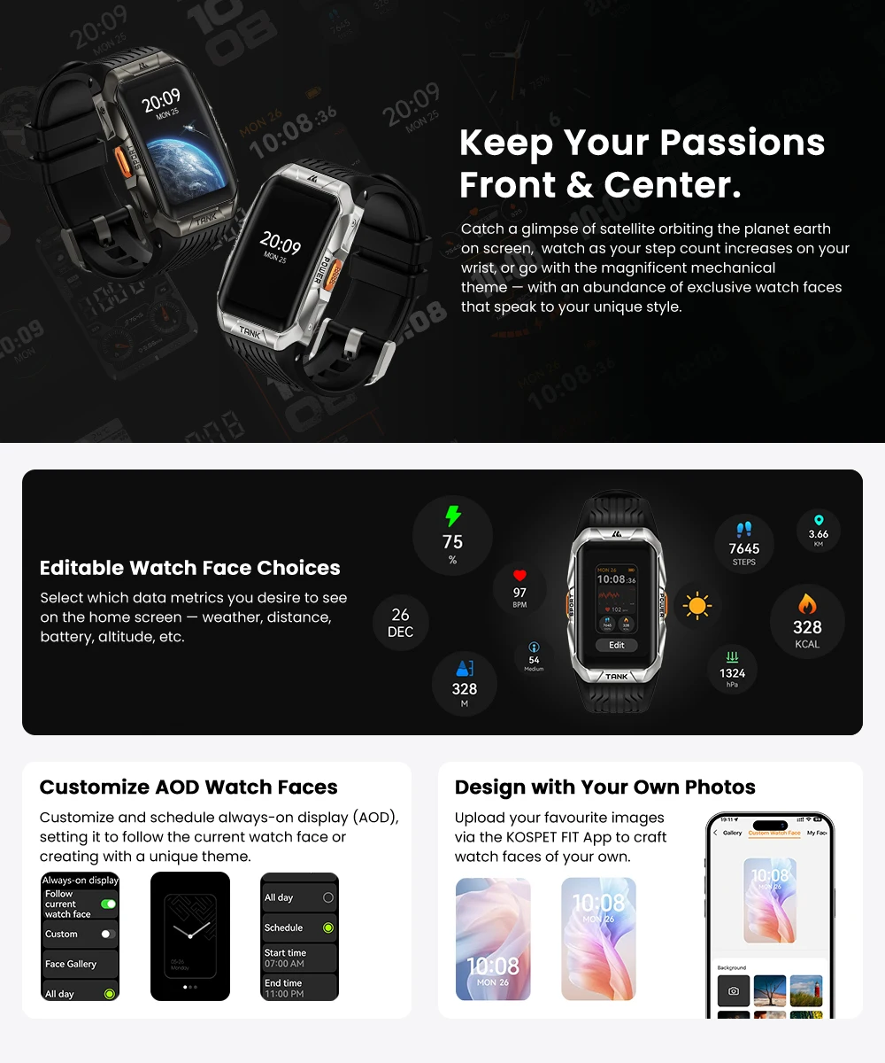 2025 KOSPET TANK X2 Ultra Smart Uhr für Männer 3D gebogener Bildschirm Kompass Höhenmesser barometrisch IP69K 5ATM wasserdicht 1,64'' AMOLED – Detail 20