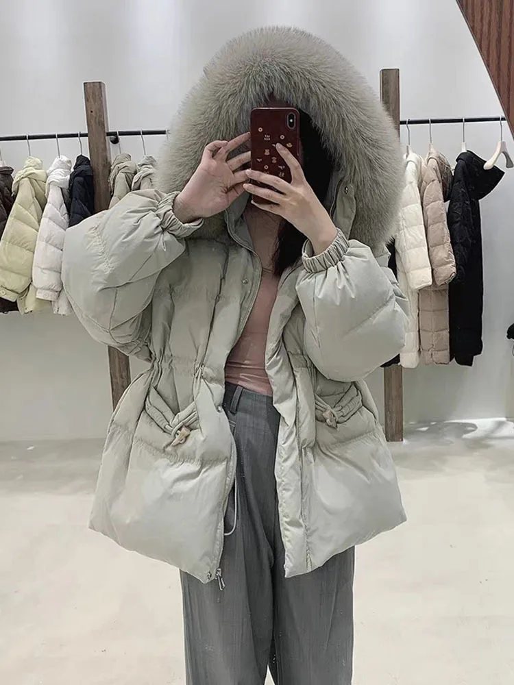 

2023 Women's Winter New Thick Warm Hooded Coats Female Real Fox Fur Collar Outerwear Ladies Loose White Duck Down Jackets
